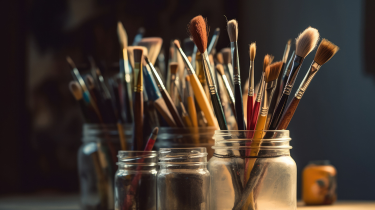 assortment of artists brushes in various sizes lined up in glass