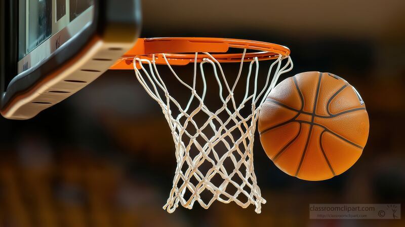 Basketball swooshes through the net during an intense game in an