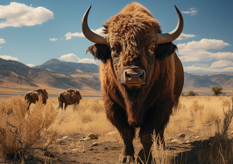 bison is standing in a grassy field with other bison in the back