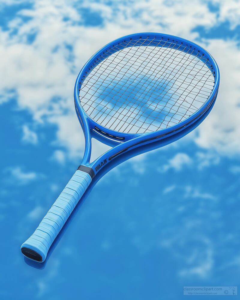 A bright blue tennis racket rests elegantly on a mirrored surface, showcasing a stunning reflection of a clear blue sky with fluffy clouds, evoking a sense of calm and leisure.