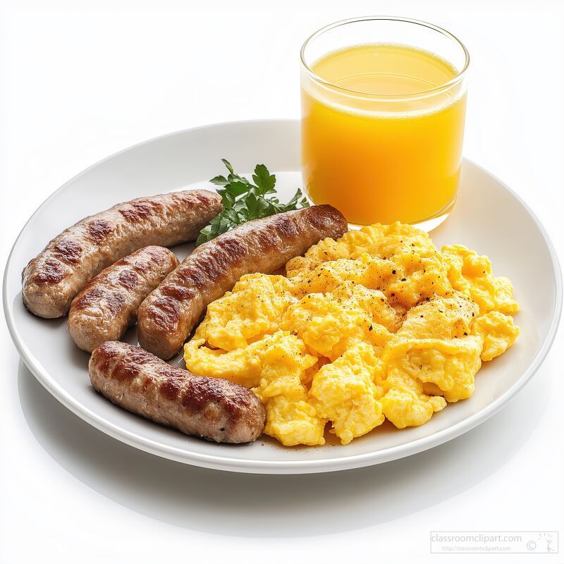 Breakfast plate with sausage links, scrambled eggs, and orange juice in a casual dining setting