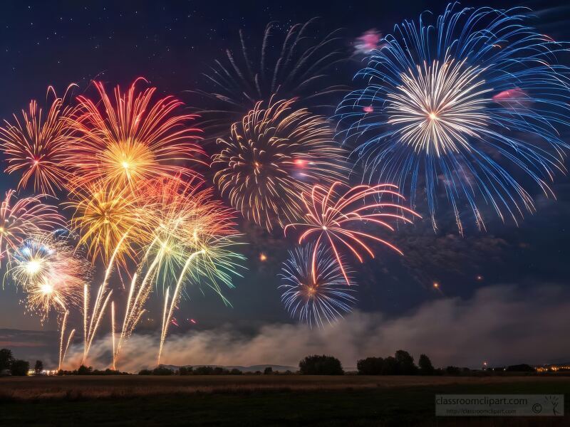 Colorful fireworks burst into vibrant displays, lighting up the dark sky during a festive event. The night is alive with sparkling colors and joyous energy.