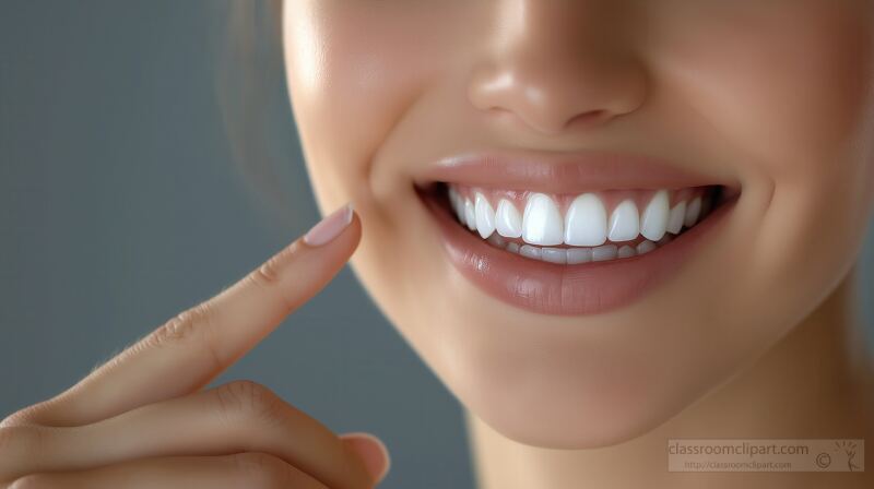 A beautiful woman smiles widely, pointing at her perfectly aligned teeth. The background is gray, emphasizing her radiant expression and promoting a healthy dental appearance.