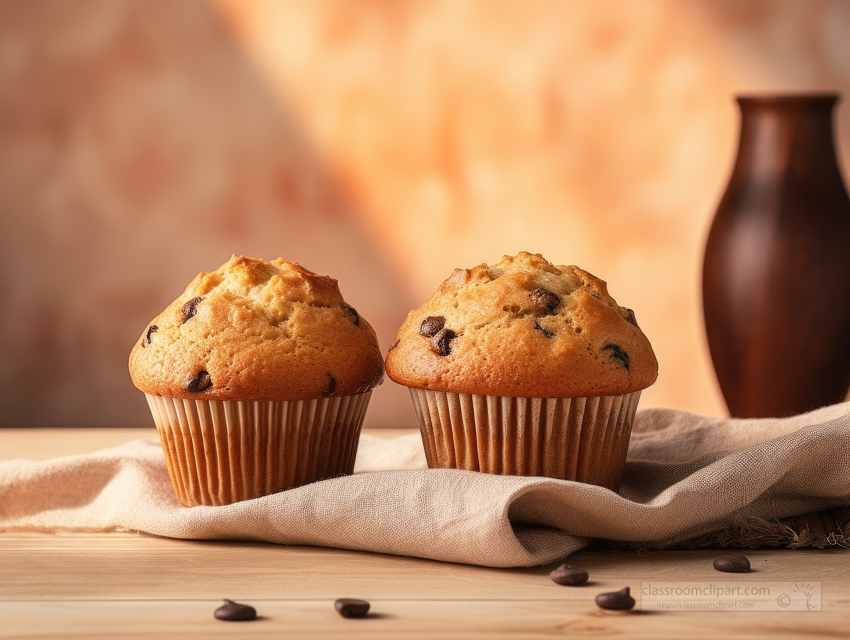 chocolate chip muffins on textured linen napkin