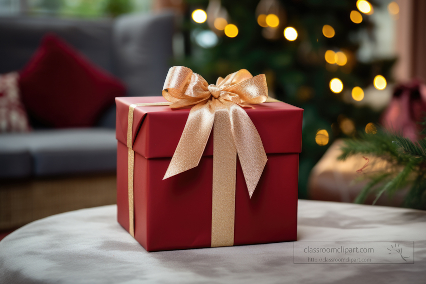 Christmas gift with twinkling lights of a christmas tree