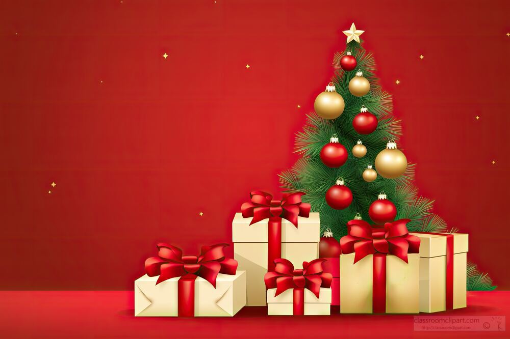 christmas tree surrounded by gold gift boxes on a red background