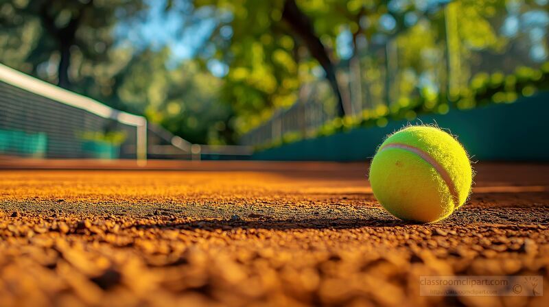 The ground level view highlights a bright yellow tennis ball resting on the clay surface, with a blurred court and net in the background. A serene environment enhances the focus on the ball.