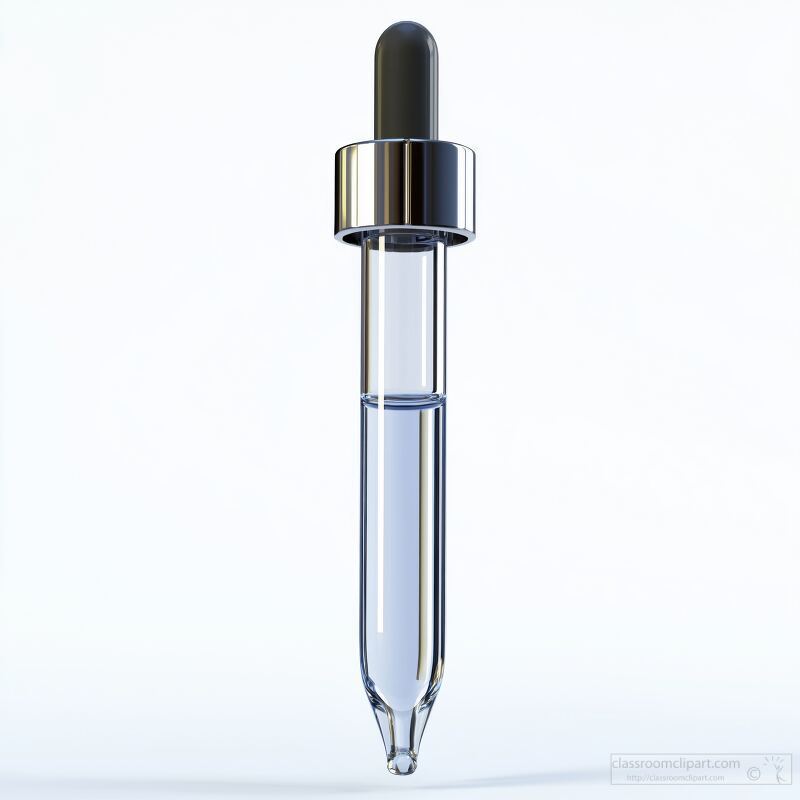 A clear glass dropper bottle is filled with liquid and features a silver cap. The composition emphasizes clarity and simplicity against a plain backdrop, suitable for various products.