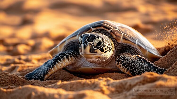 close up of a sea turtle resting on sandy ground