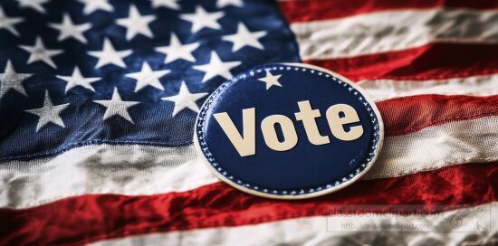 close up of a Vote button against the backdrop of the US flag