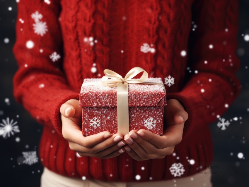 Close up of hands presenting a glittery red gift