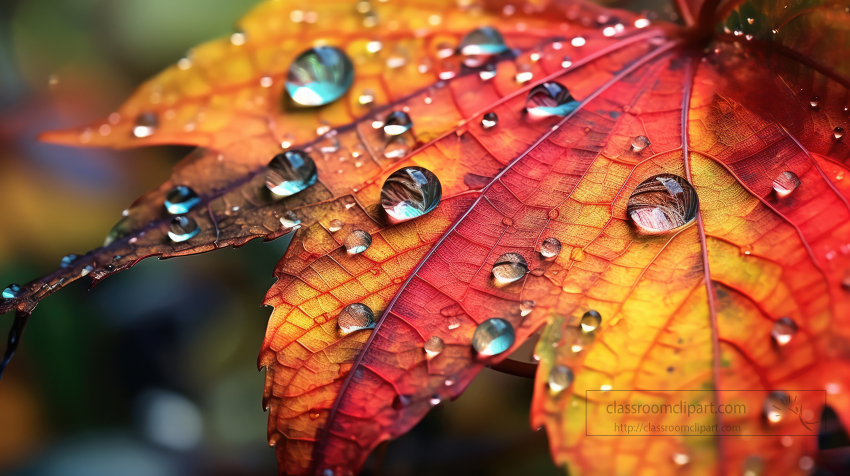 closeup of dew clinging to autumn leaves