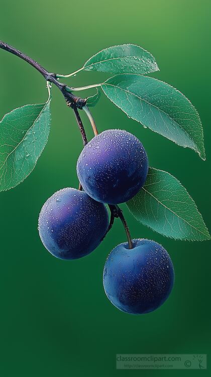 cluster of ripe plums with dew hangs from a branch