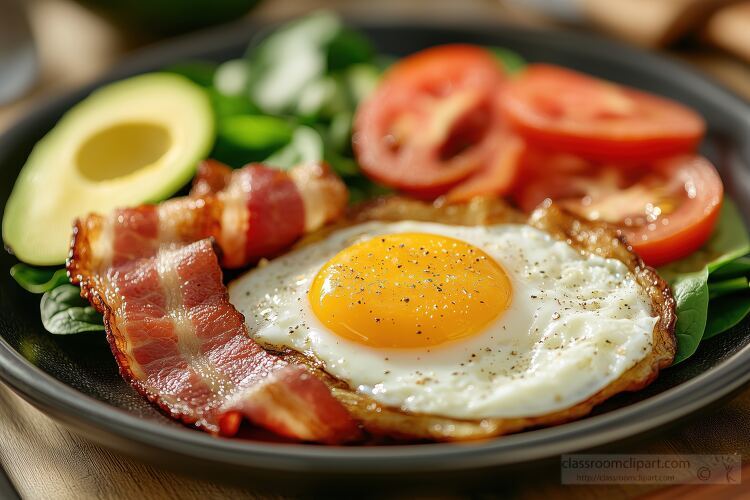 colorful breakfast featuring crispy bacon eggs avocado