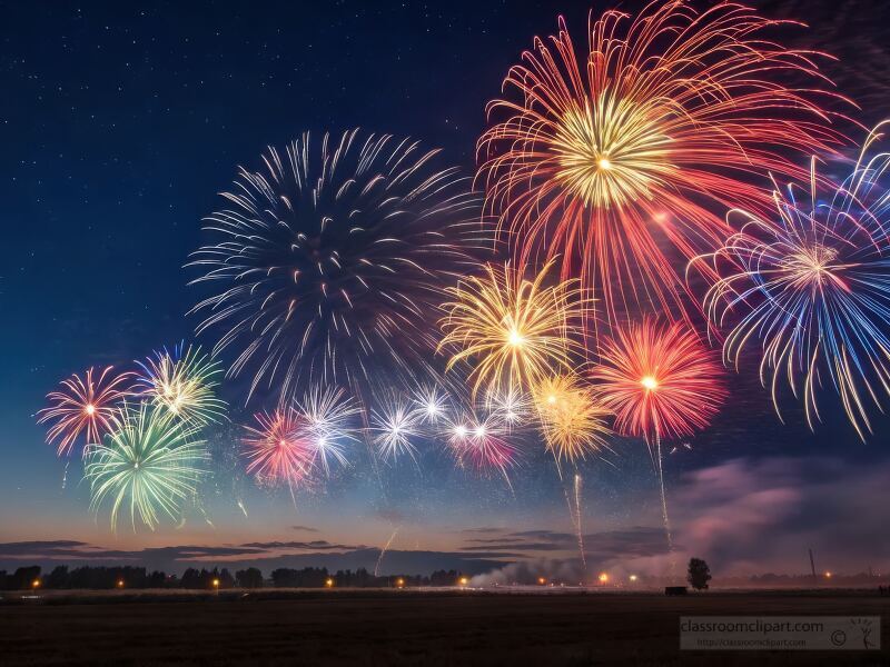 Colorful Fireworks Light up the Night Sky Over Countryside