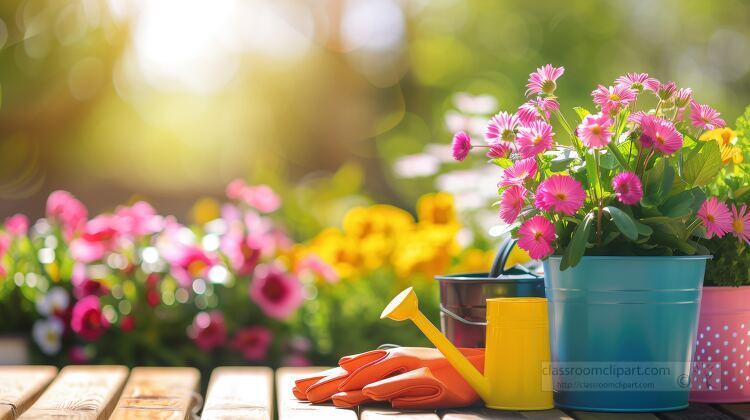 colorful flower pots with watering can and glove