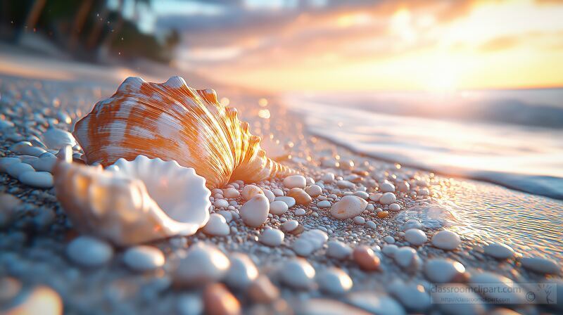 Colorful seashells on a sandy beach at sunset with gentle waves lapping the shore in a tranquil coastal setting