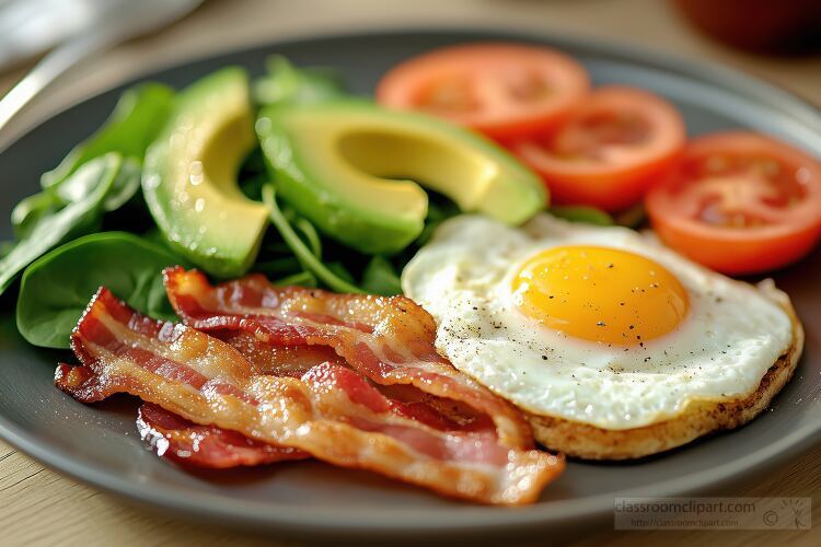 cooked sunny side up egg served with bacon avocado and tomatoes