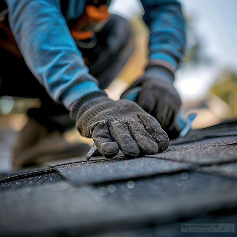 A skilled worker carefully installs roofing materials on a residential home. The warm sunlight casts a glow, highlighting the precision and craftsmanship involved in the task.