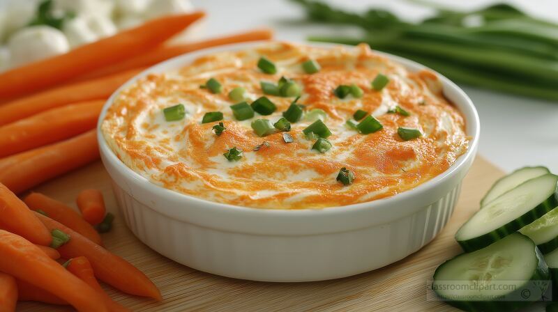 Creamy dip combines cream cheese and sour cream, garnished with green onions, served with crunchy carrots and cucumber slices on a wooden background, perfect for gatherings.