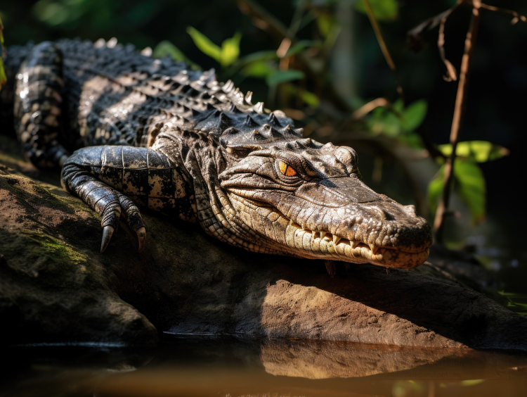 crocodile on a large rock at the edge of the water