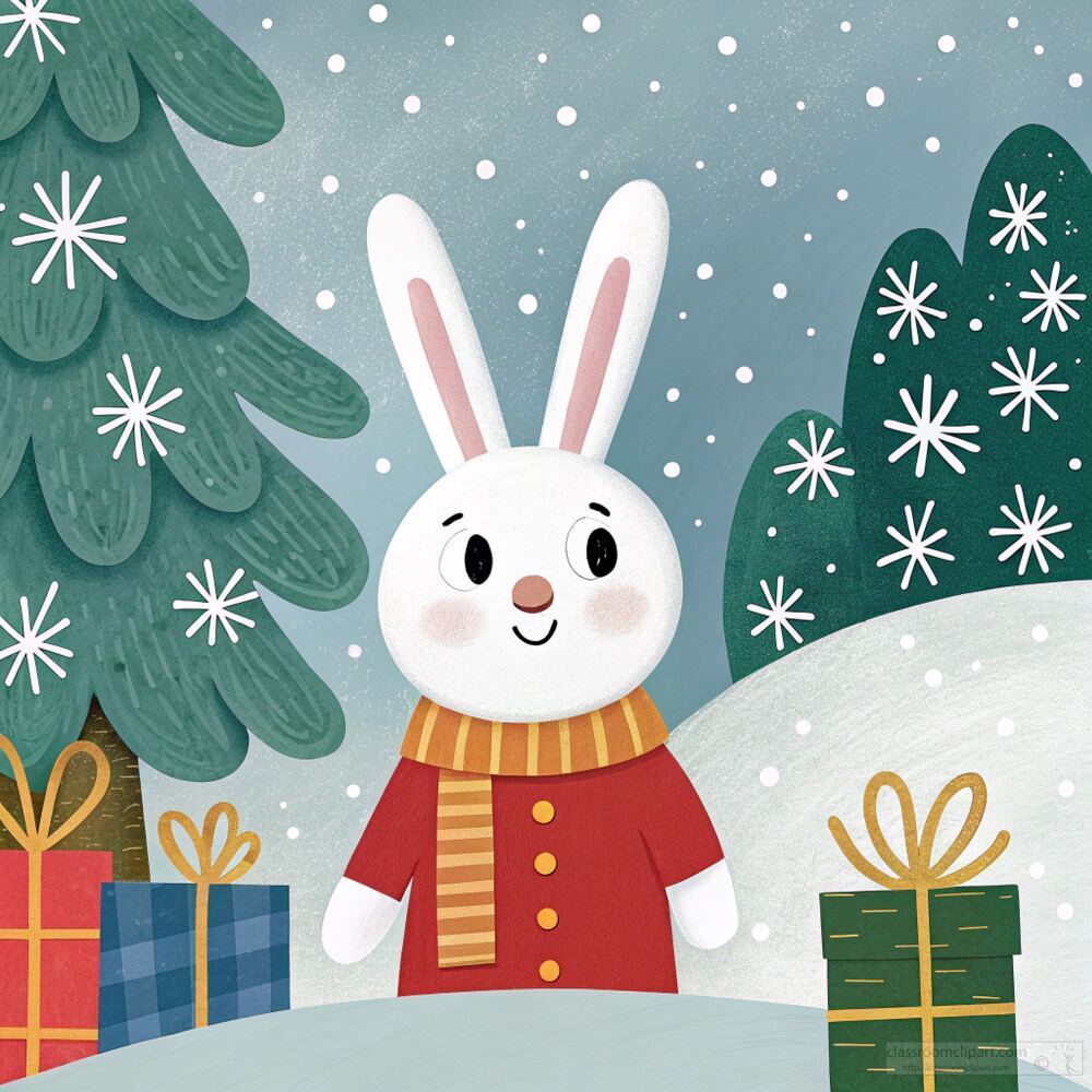 cute bunny in a red coat and scarf with Christmas gift boxes