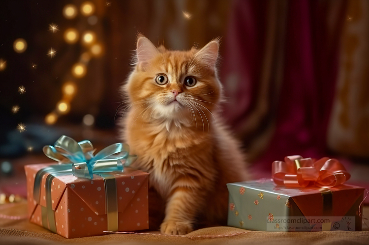 cute kitten standing next to two wrapped presents