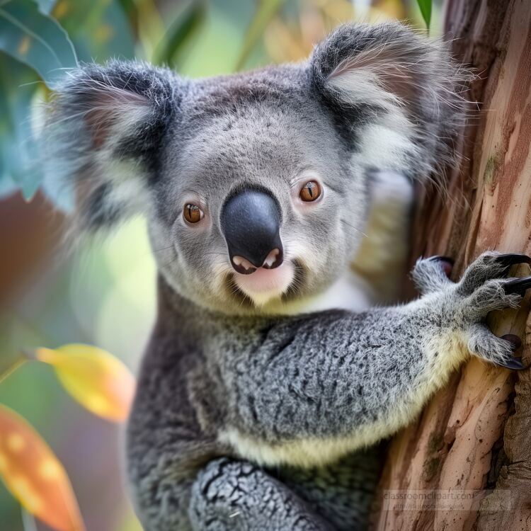 cute koala hangs on tree