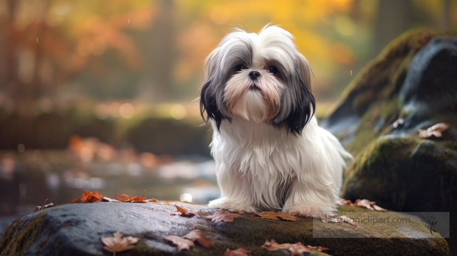 cute Shih Tzu dog stands on large rock