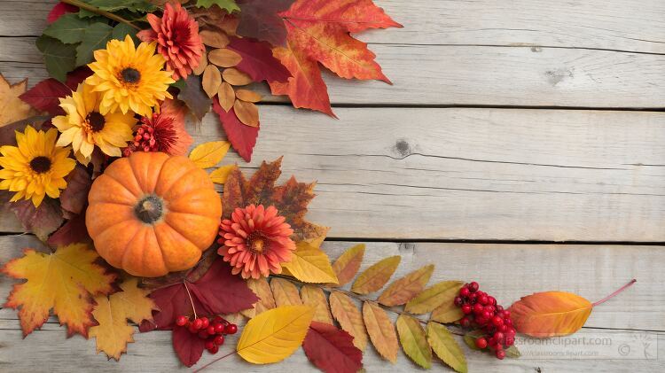 decorative autumn display of colorful leaves sunflowers and pumpkins