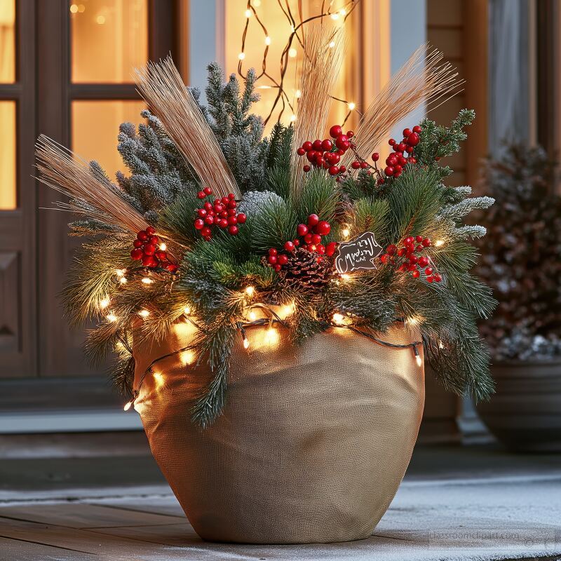 Decorative Holiday Pot With Lights and Greenery Near Door