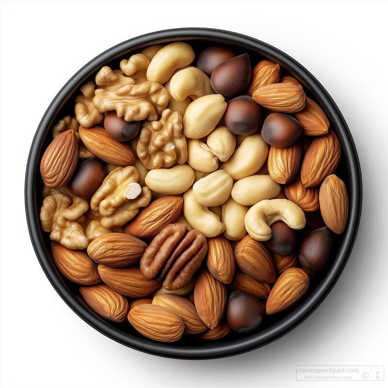 Delicious assortment of mixed nuts in a black bowl with various textures and colors