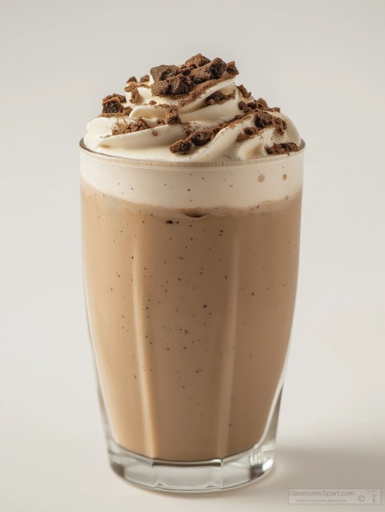 Delicious chocolate milkshake topped with whipped cream and chocolate shavings served in a clear glass