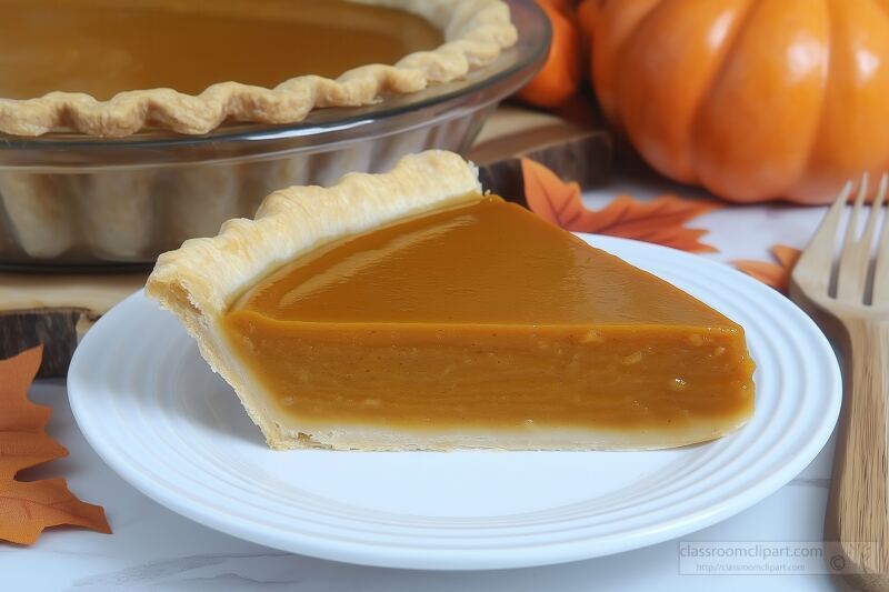 A slice of pumpkin pie on a white plate showcases a golden crust and rich filling. A whole pie rests nearby, surrounded by autumn leaves and wooden utensils, perfect for seasonal gatherings.