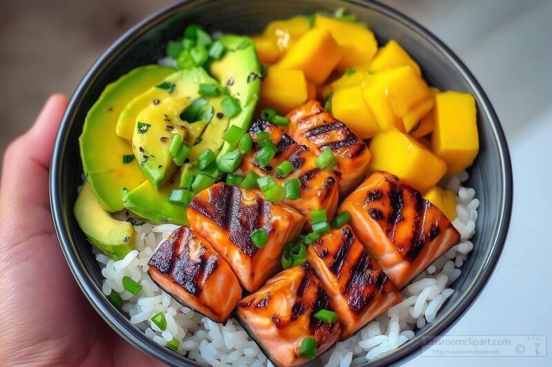 Close up of a hand holding a bowl of rice topped with grilled salmon, sliced avocado, diced mango, and green onions, all beautifully arranged against a clean background.