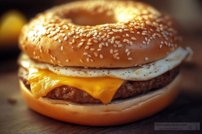 A sesame seed bagel sandwich features a juicy beef patty topped with melted cheddar cheese and a sunny side up egg, displayed on a wooden table with a blurred background.