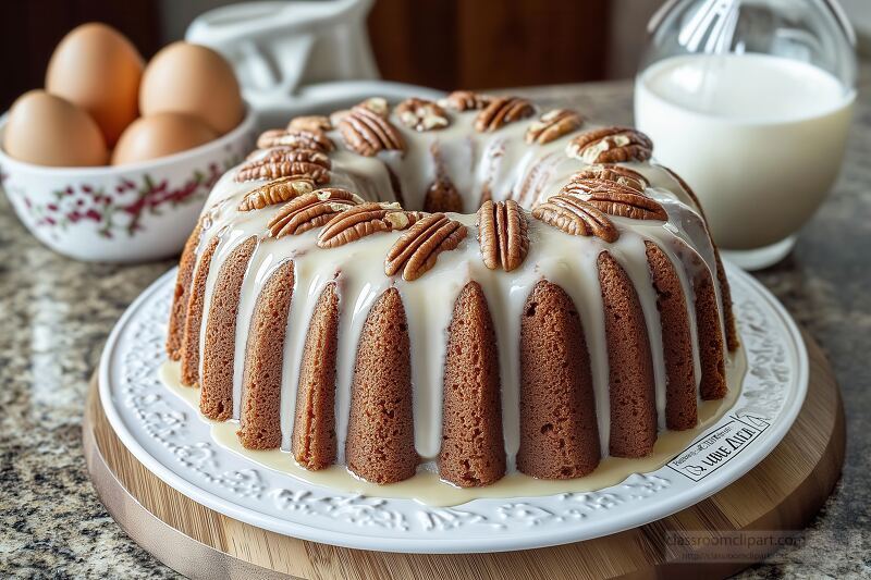 A beautifully baked sweet potato pound cake is topped with chopped pecans and a light glaze. It rests on a white plate beside eggs and a glass of milk on a wooden cutting board.