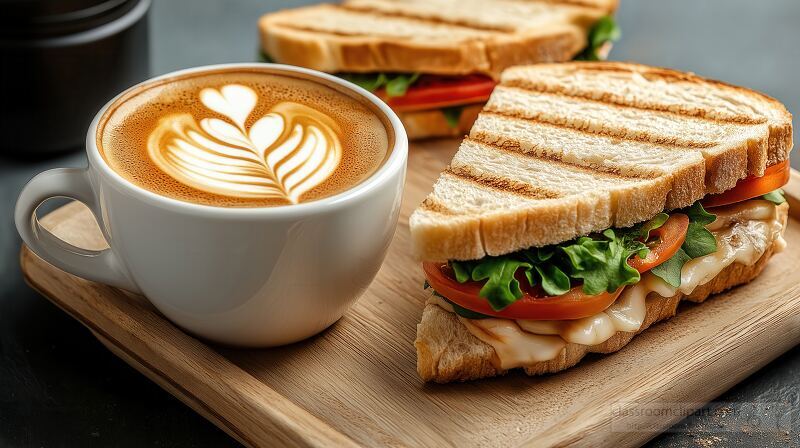 A white cup filled with coffee rests beside two grilled sandwiches on a light wooden board. Fresh vegetables and crispy bread create a delightful meal for breakfast or lunch.