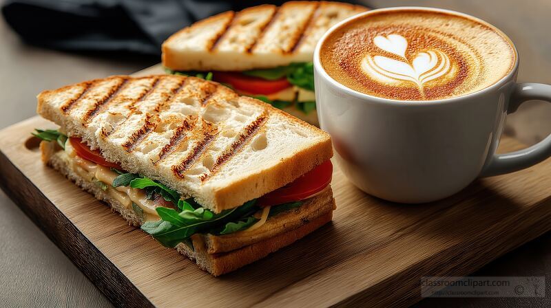 Enjoying Coffee and Sandwiches on a Wooden Board