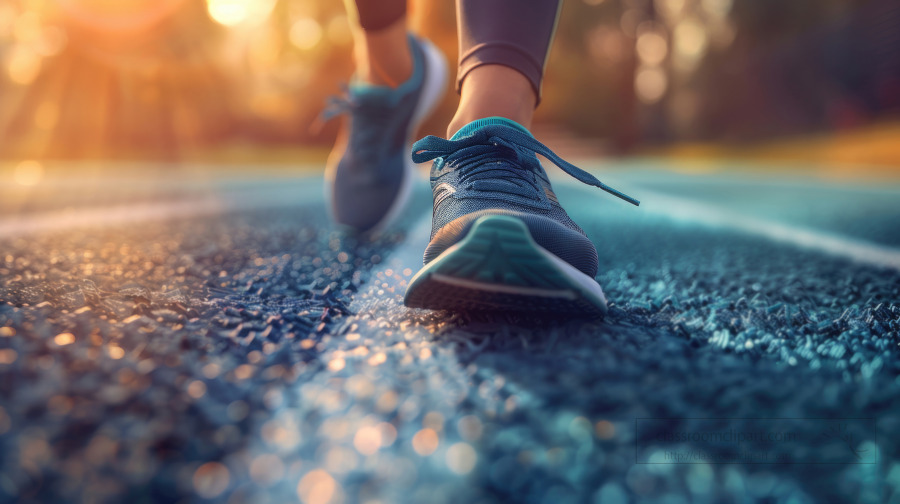 female athlete wearing running shoes and jogging on a synthetic