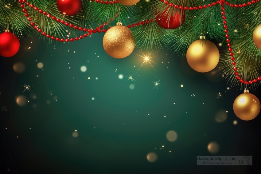 festive christmas background with red and gold baubles on pine branches