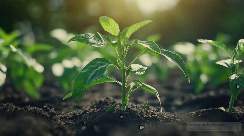 New chili pepper plants are growing in a lush organic garden. The vibrant green leaves stretch towards the sunlight, promising a fruitful harvest soon.