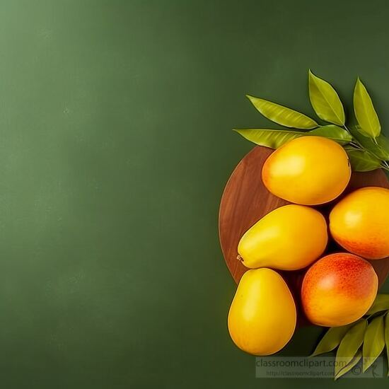 fresh mangoes on a wooden plate with leaves on a green backgroun