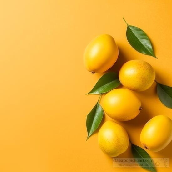 fresh mangoes with leaves on yellow background