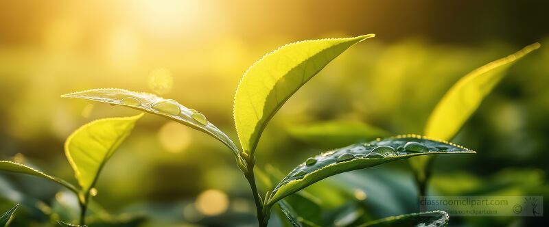 Close up view of a fresh tea leaf adorned with tiny dewdrops reflecting warm morning light. The intricate leaf veins are highlighted against a softly blurred background, enhancing its freshness.