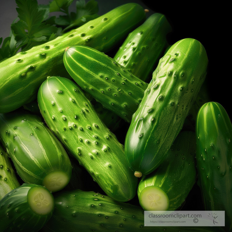 freshly picked Dew covered cucumbers arranged with green leaves