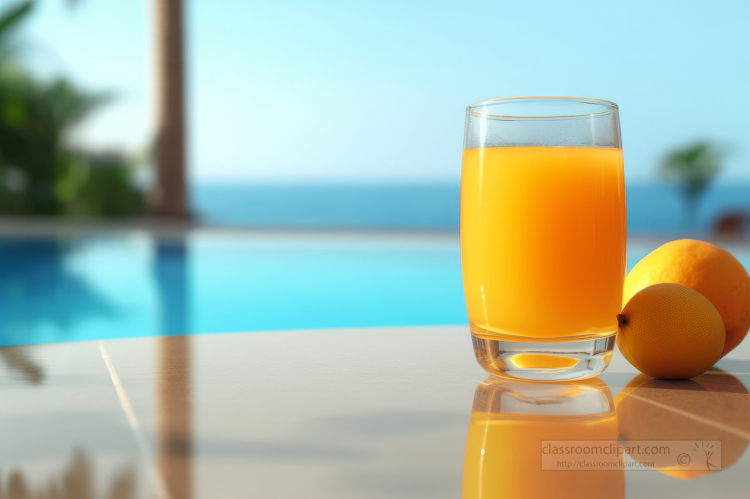 glass of mango juice next to a pool with a blue sky in the backg