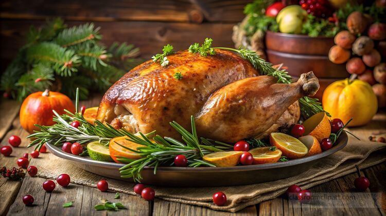 golden brown roasted turkey garnished with rosemary cranberries