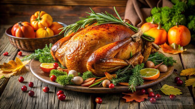 golden brown roasted turkey garnished with rosemary cranberries