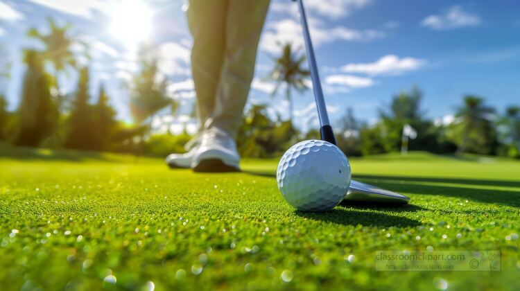 golfer swings a golf club from behind at a ball